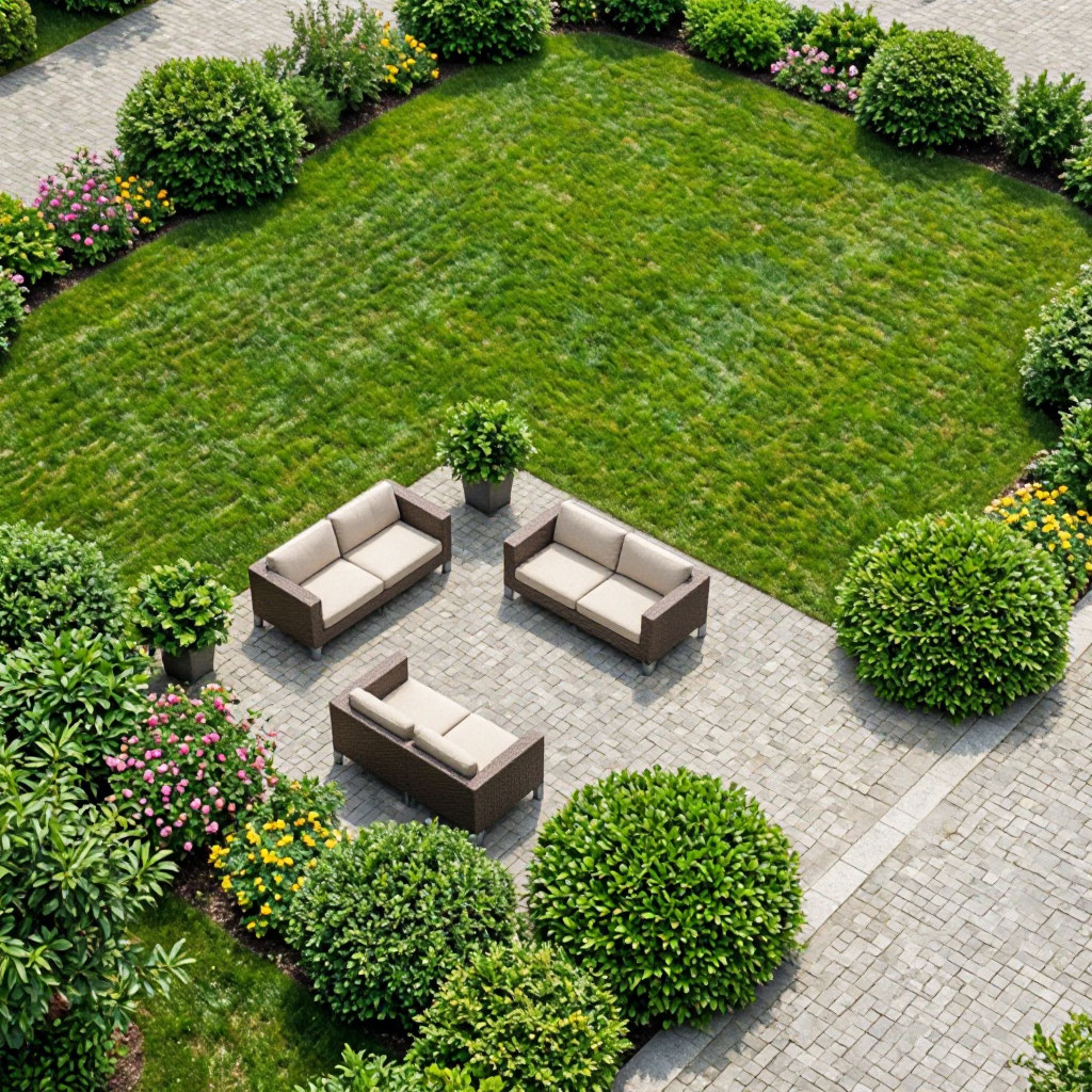 Landscaped commercial courtyard with seating