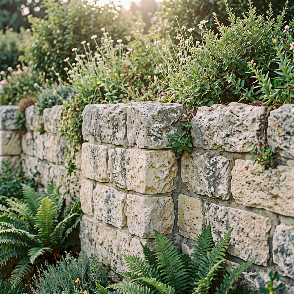Limestone retaining wall with plantings