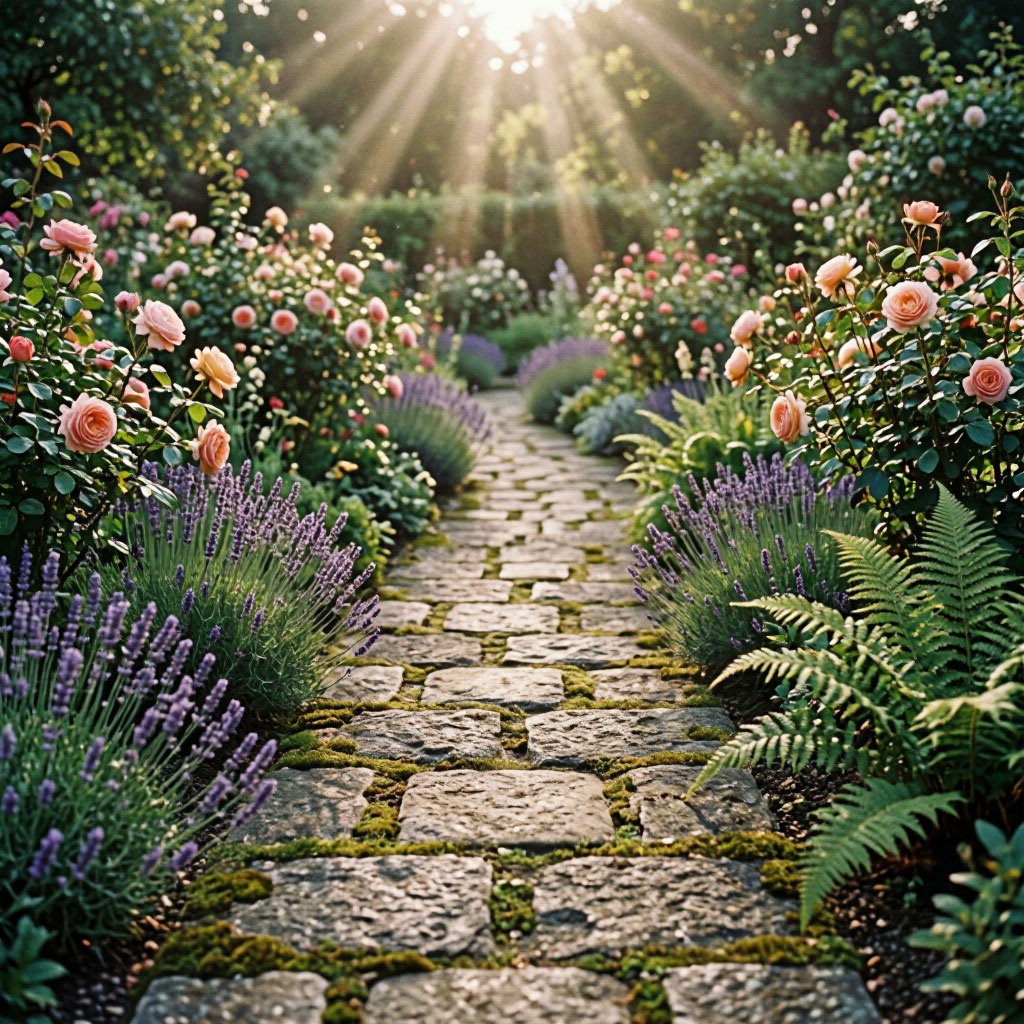 Stone walkway through garden
