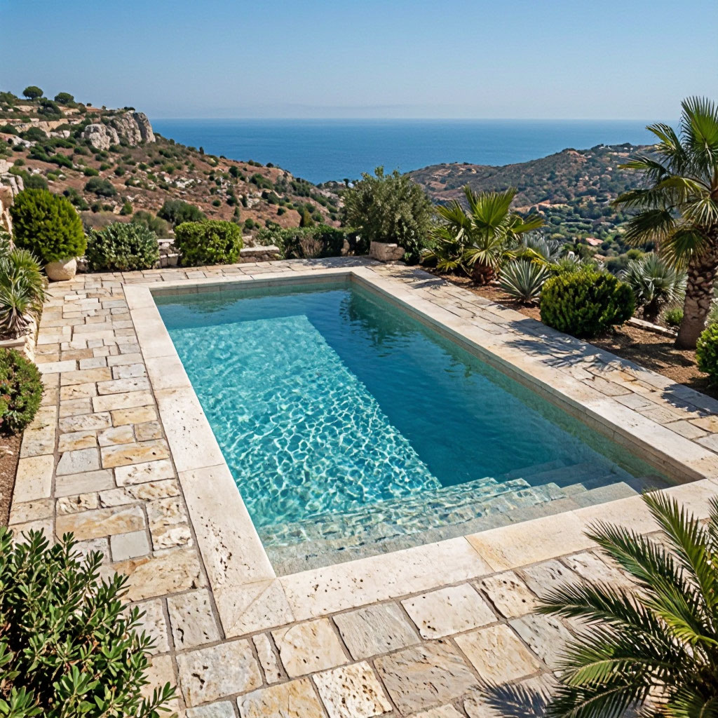 Hillside pool terrace with limestone