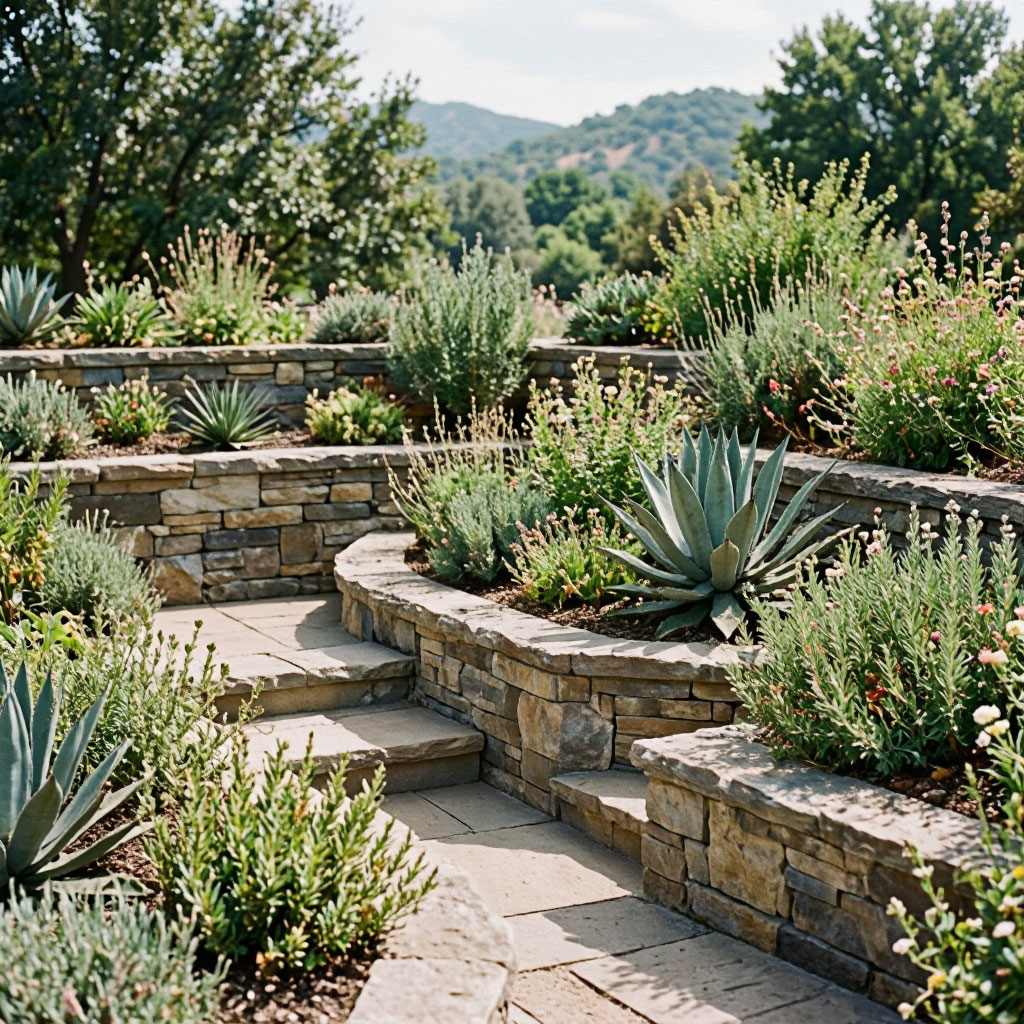 Terraced Austin backyard with native plantings and stone