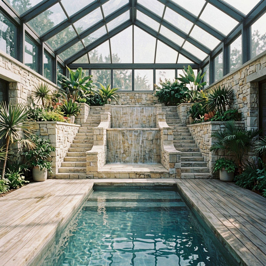 Limestone terraced garden with pool deck