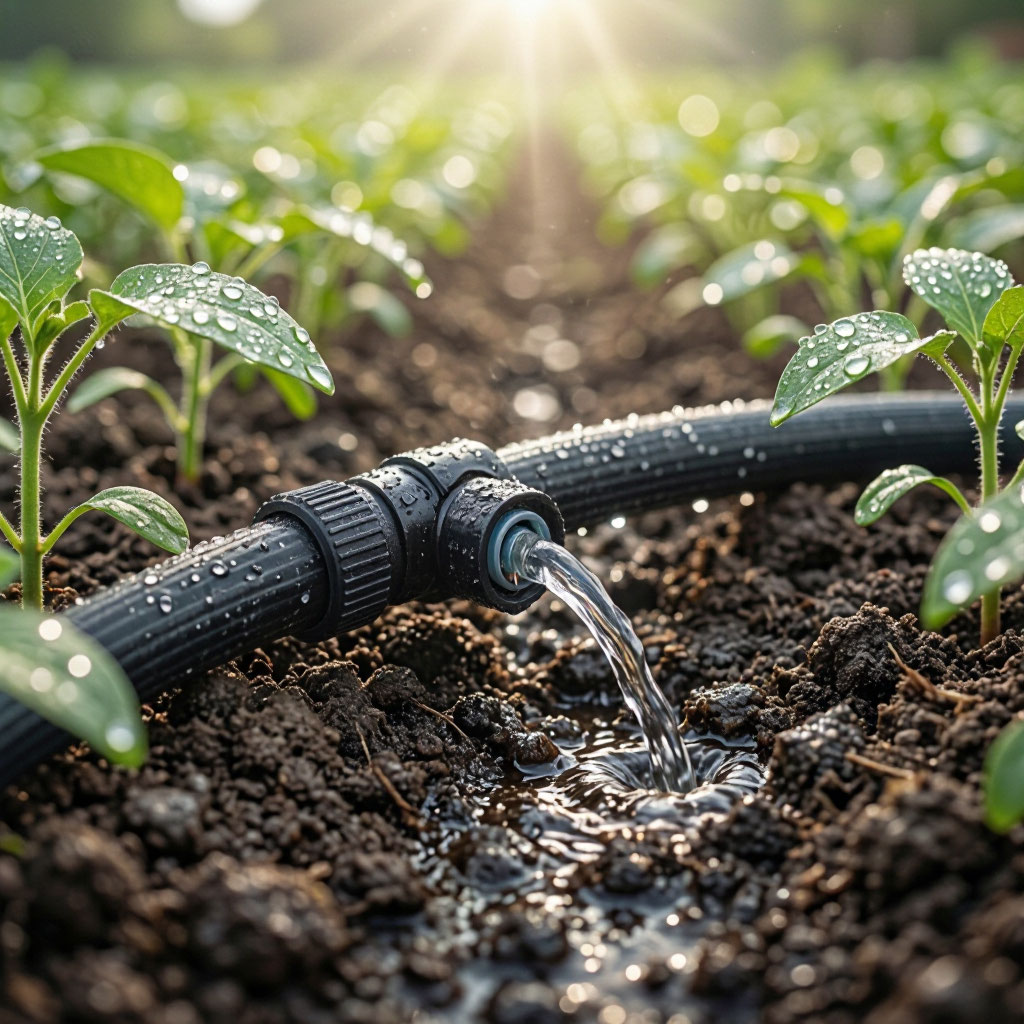 Drip irrigation line watering a garden bed