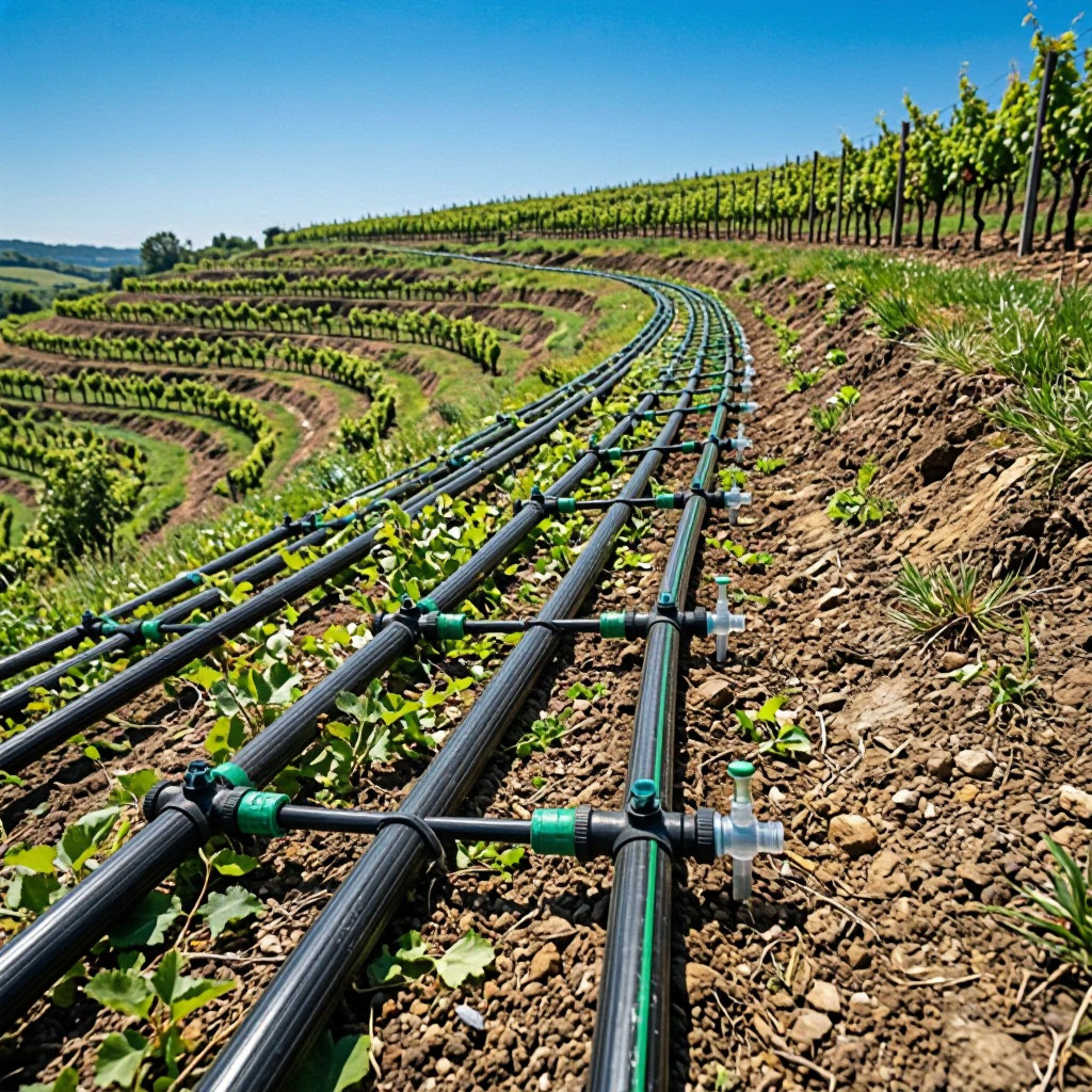 Modern drip irrigation retrofit on a hillside