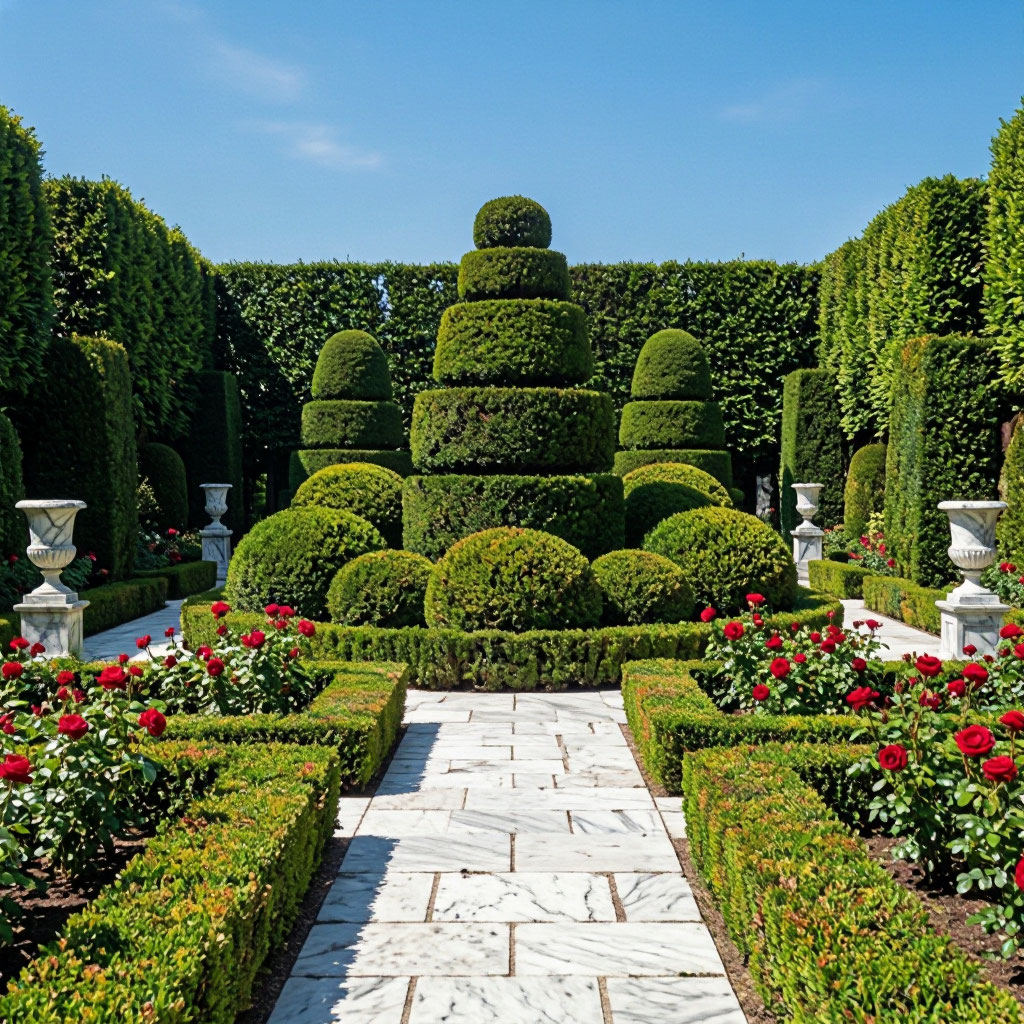 Formal garden with clipped hedges