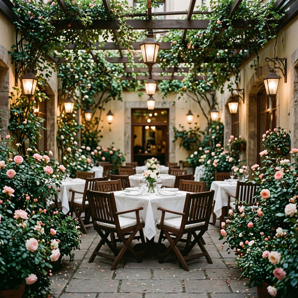 Restaurant courtyard with landscaping