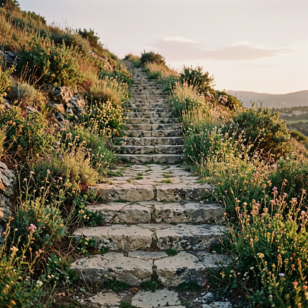 Hillside terrace with limestone steps and native plantings
