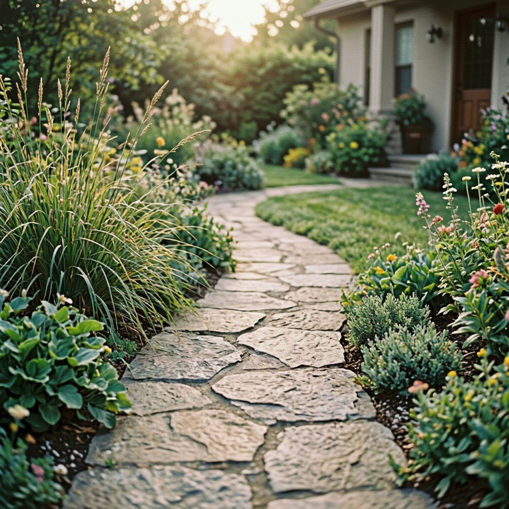 Residential front yard with native plantings and stone walkway