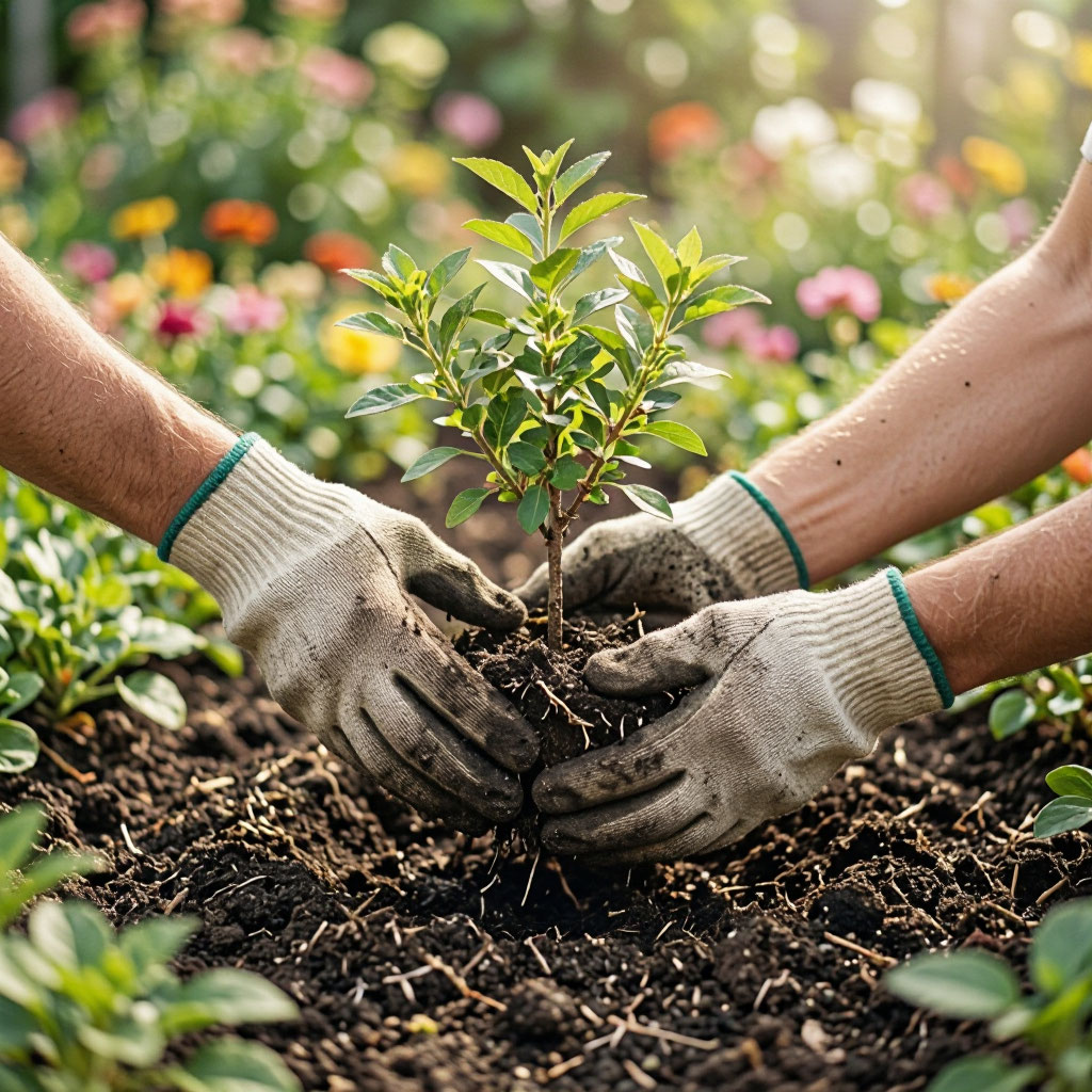 Hands planting a native shrub in a garden bed