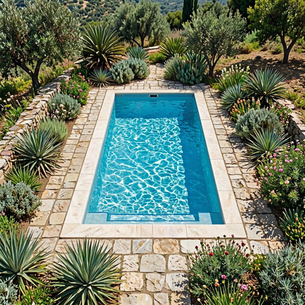 Hillside pool terrace with native plantings