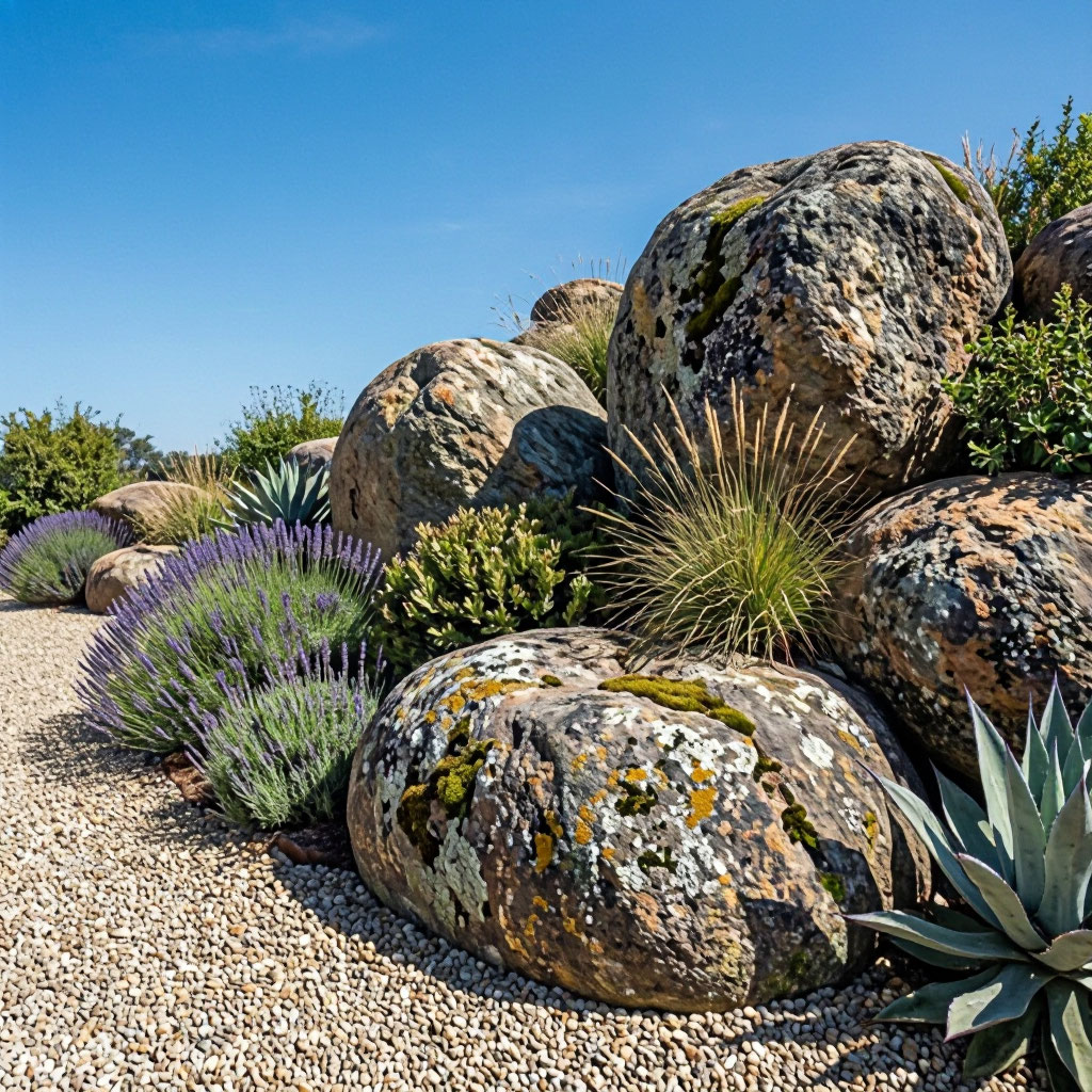 Xeriscape front yard with boulders
